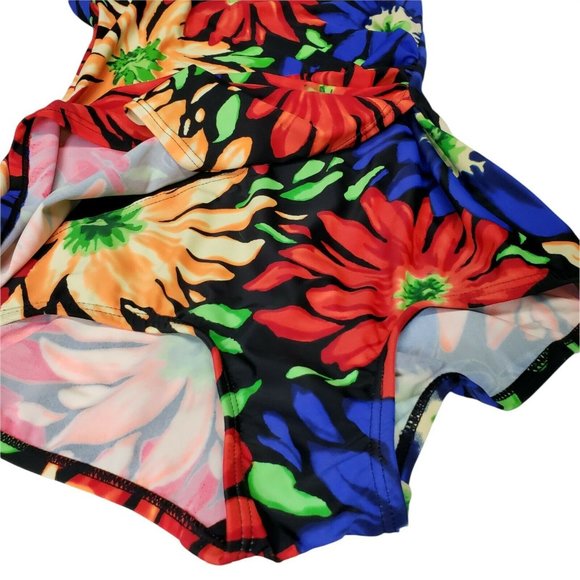 Beach Bay 1 piece Swimsuit S 10 Black Flower Print Good Coverage Colorful Halter - Picture 2 of 6